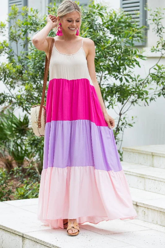 French Retro Dreamland Pink Colorblock Maxi Dress
