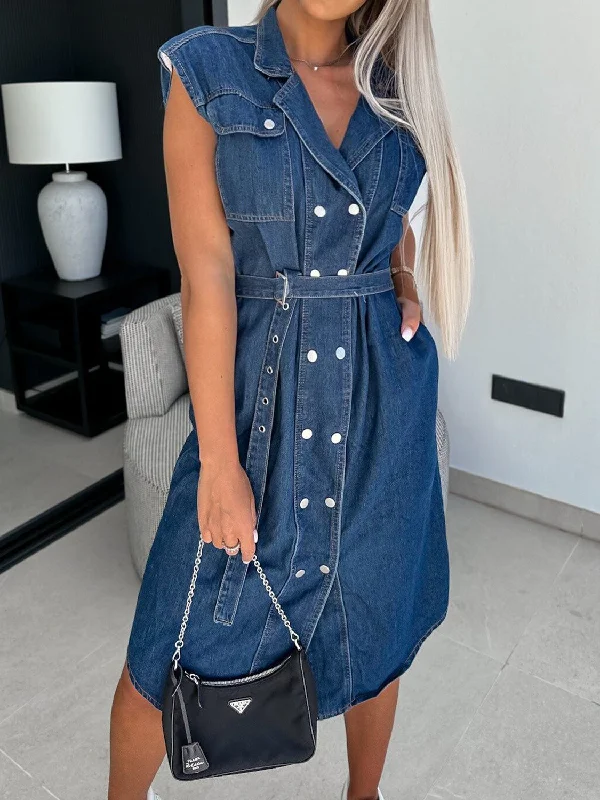 New Autumn And Winter Styles Collared Neck Cap Sleeve Denim Dress