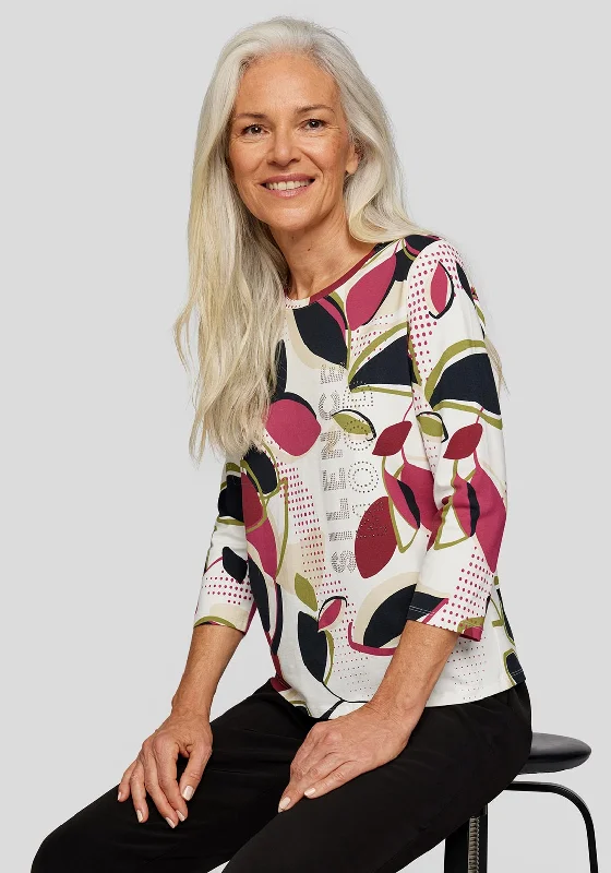 Soft And Comfortable Rabe Text & Leaf Print Top, White Multi