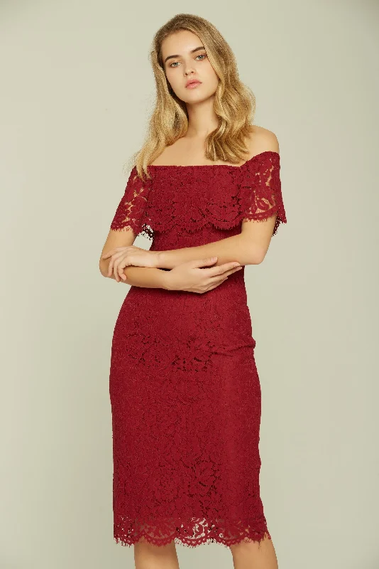 Free And Casual Maroon Off the Shoulder Lace Dress