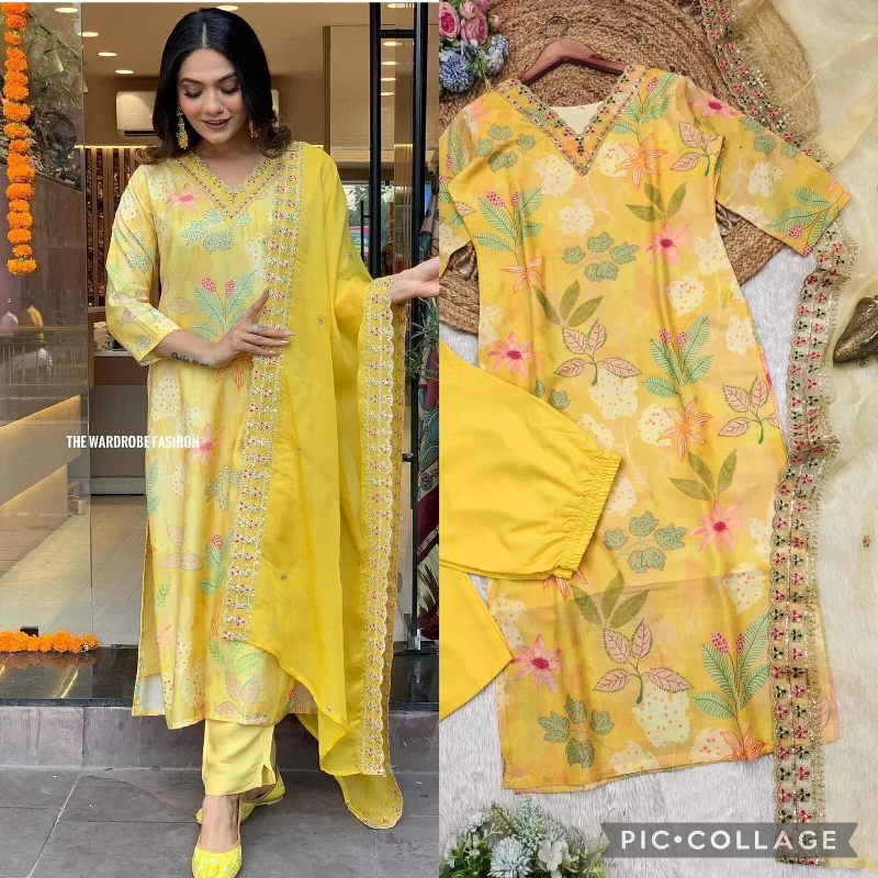 Celebrity Style Premium Masleen Silk Yellow Printed Designer Suit