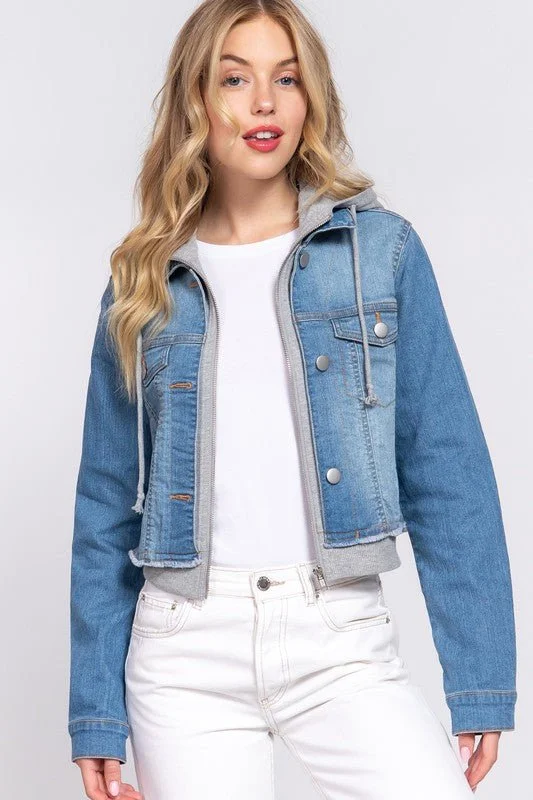 Relaxed And Casual Long Sleeve Terry Hoodie Denim Jacket
