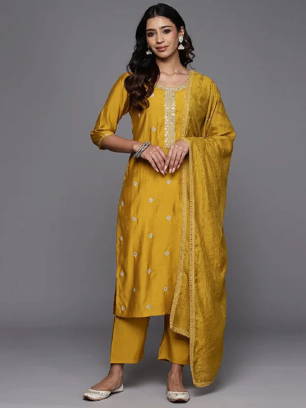 Fresh And Natural Mustard Embroidered Silk Blend Straight Suit With Dupatta