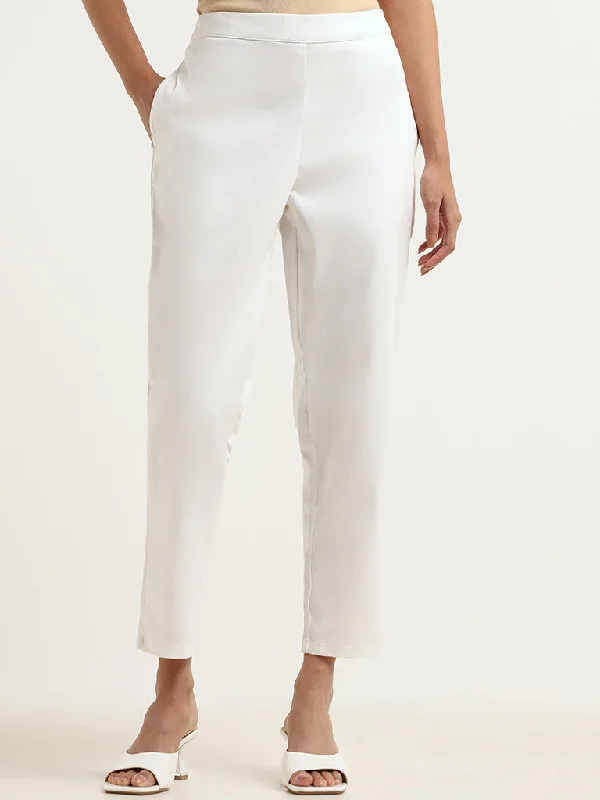 Carefree Style Utsa White Cotton Blend Straight-Leg Pants