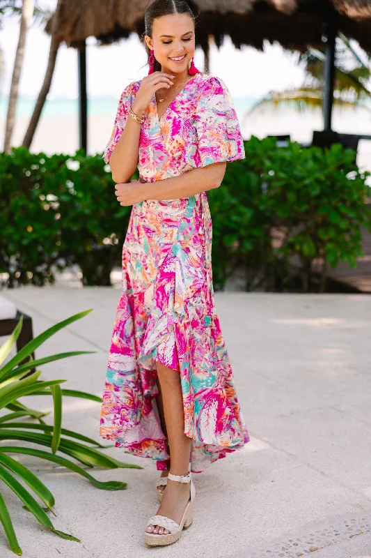 Celebrity Must-have Tahiti Is Calling Fuchsia Pink Abstract Maxi Dress