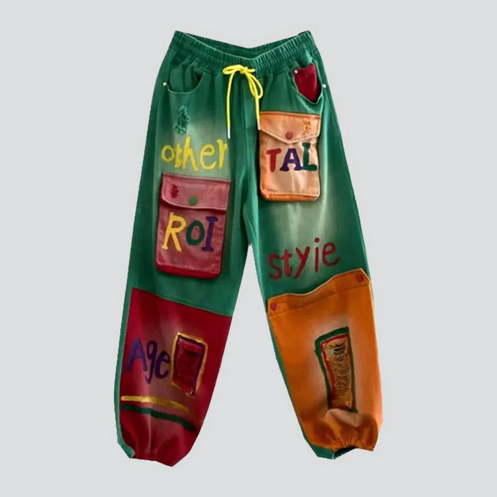 Wearable At Home Or Out Baggy embroidered denim pants
 for women