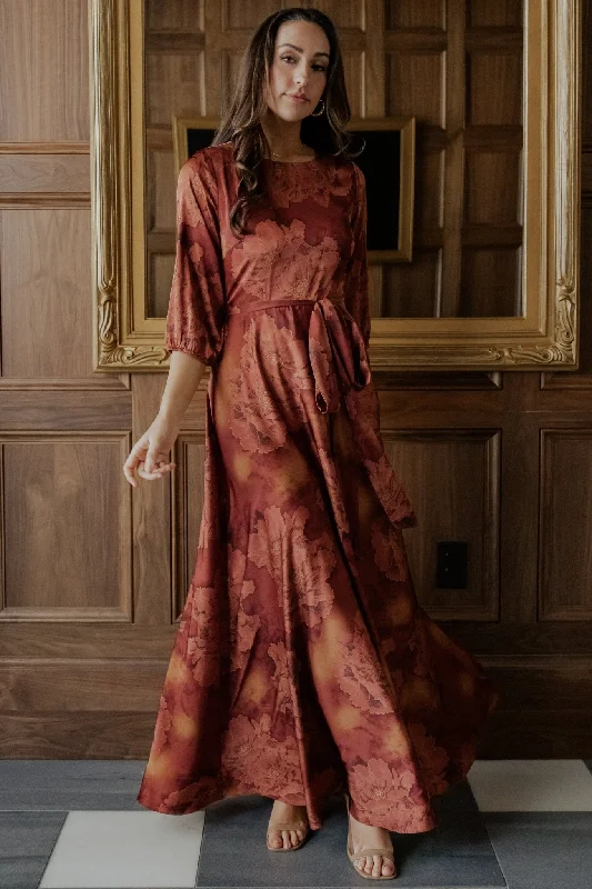 Fashionable Items Paula Satin Maxi Dress | Terracotta Floral