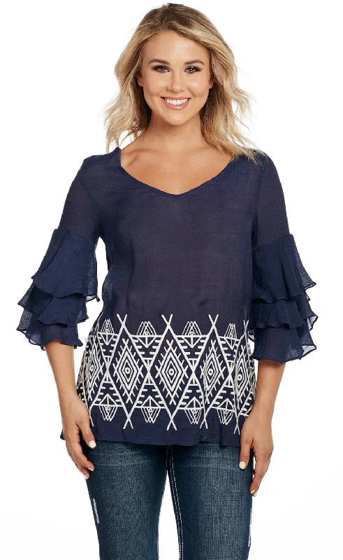Short Design Cowgirl Up Womens Navy Rayon 3-Tier Ruffle Tunic S/S