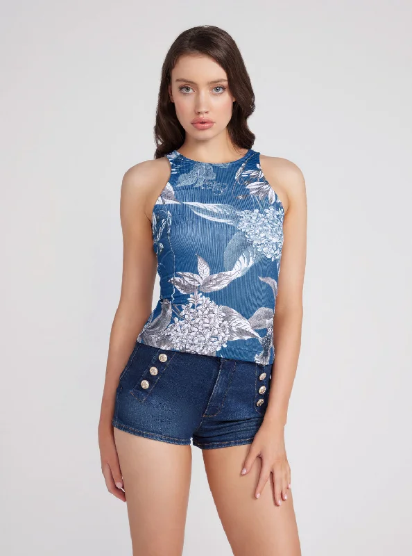 Age-reducing Style Blue Floral Sleeveless Guendalina Singlet Top