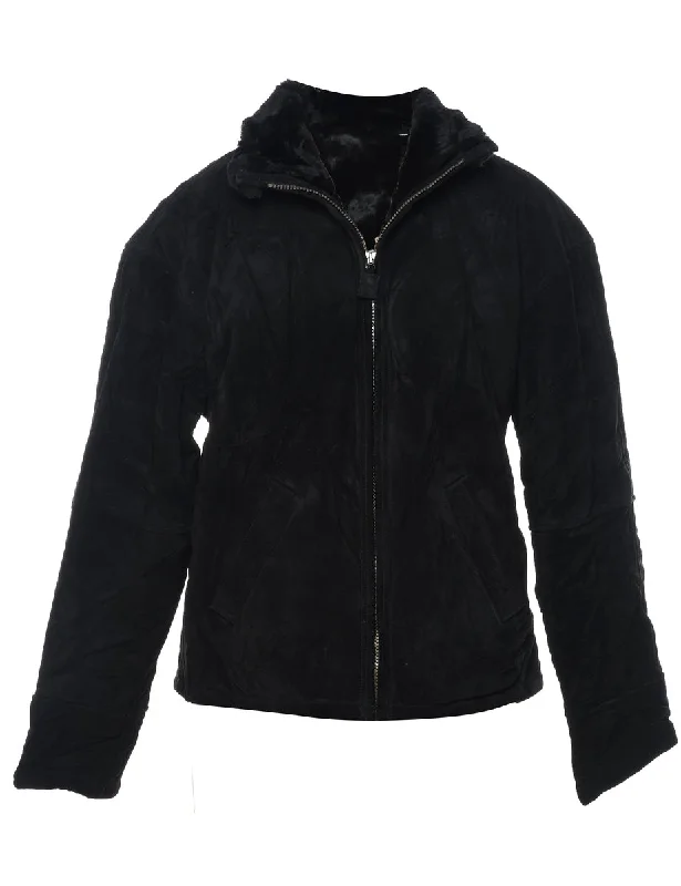 Stunning Fashion Black Shearling Lined Zip-Front Suede Jacket - M