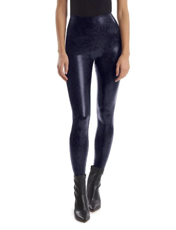 Fresh And Natural Faux Leather Animal Print Legging In Navy Snake