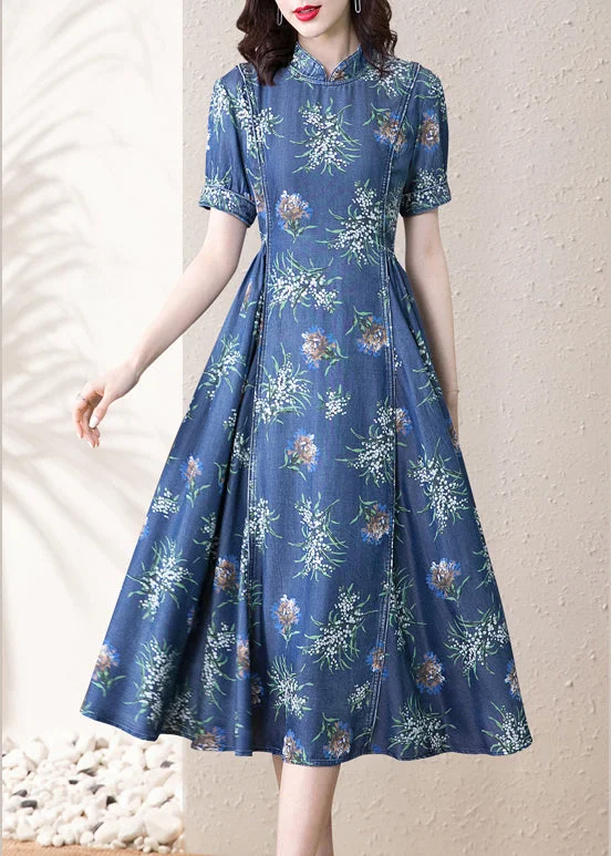 Spiritual Vitality Modern Blue Stand Collar Cinched Print Denim Dress Short Sleeve Spiritual Vitality Modern Blue Stand Collar Cinched Print Denim Dress Short Sleeve