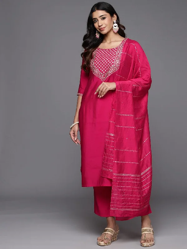 Fashion Style Pink Yoke Design Silk Blend Straight Suit With Dupatta