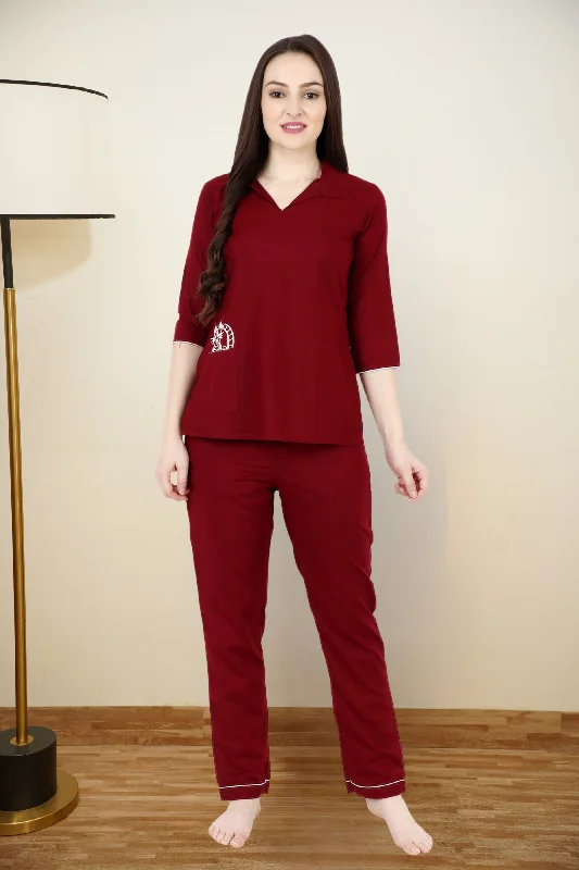 Youthful Maroon Cute Cat Night Suit