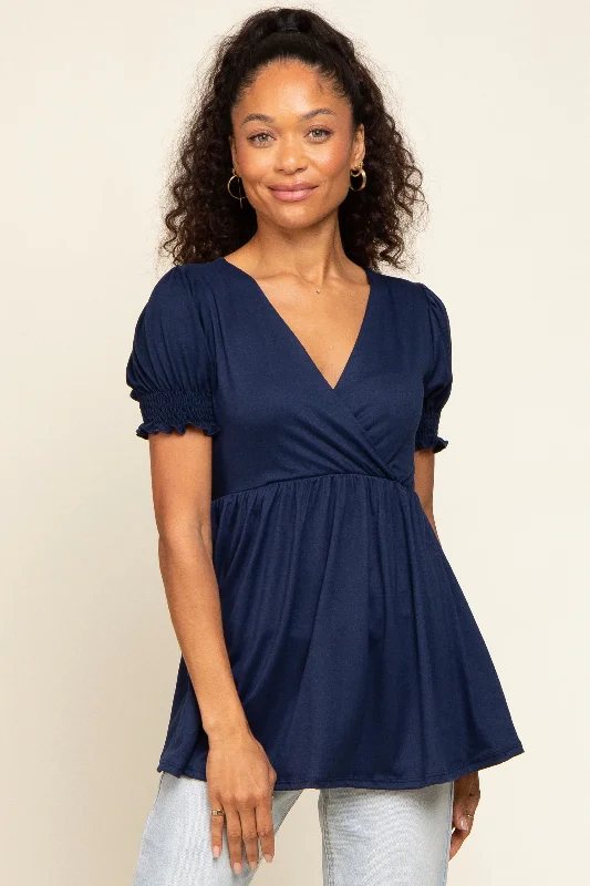 Simple And Comfortable Navy Puff Sleeve Crossover Nursing Top