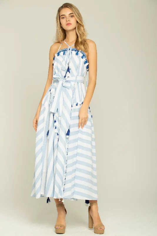 Sweet Style Blue and White Asymmetrical Stripes Maxi Dress