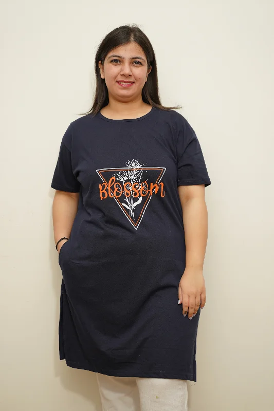 Short Design Blossom Blue Women Cotton T-Shirt