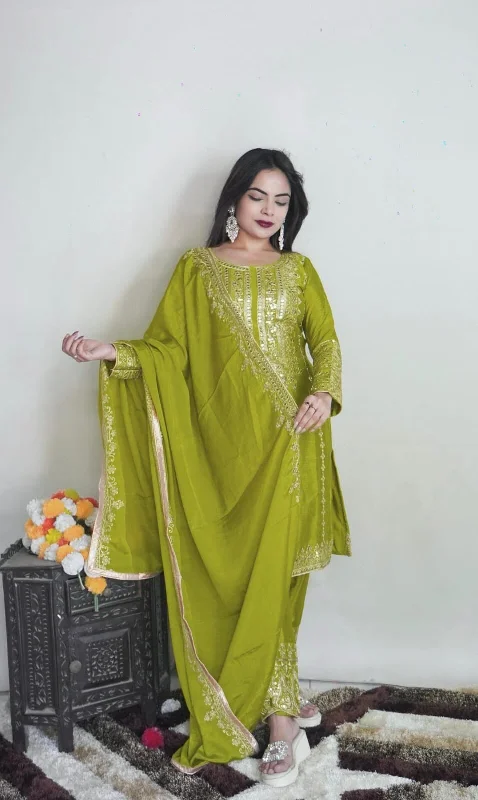 Spring Fashion SRK 5151 Olive Green Pure Chinnon Silk Sequence work Straight Cut Readymade Suit Spring Fashion SRK 5151 Olive Green Pure Chinnon Silk Sequence work Straight Cut Readymade Suit