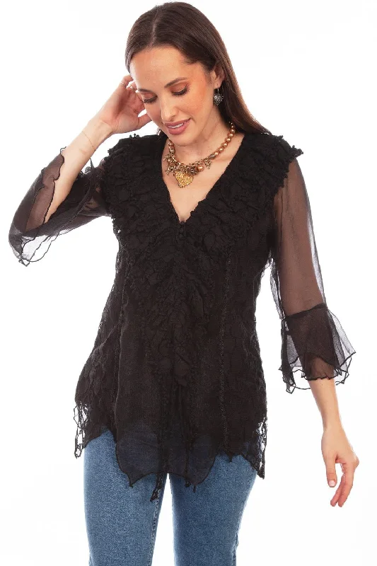 Ethnic Style Scully Womens Black Cotton Blend Double Ruffle S/S Blouse