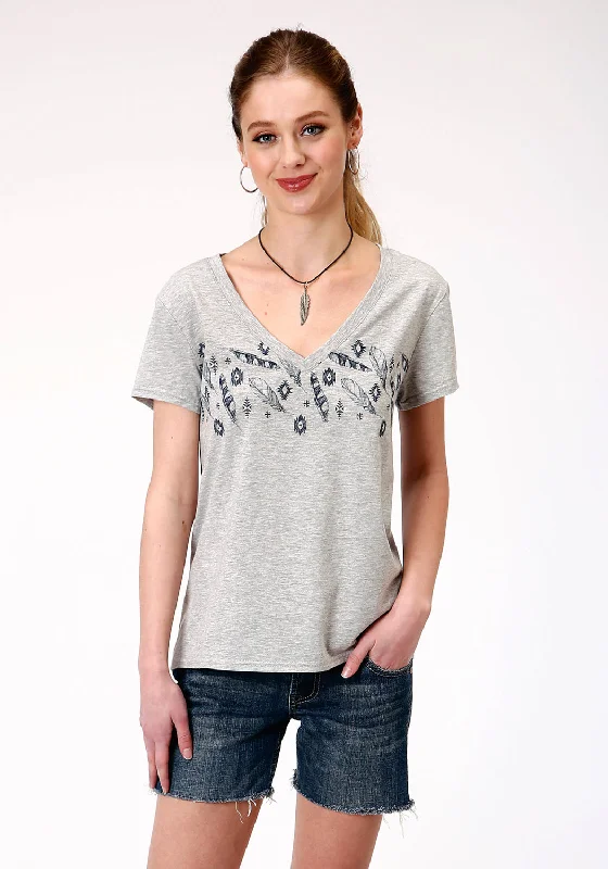 British Fashion Roper Womens Grey Poly/Rayon Feathers S/S V-Neck T-Shirt