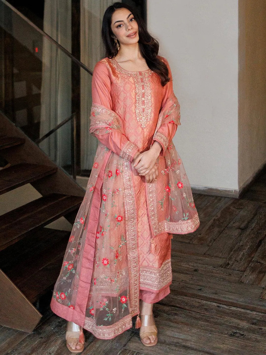 Noble And Elegant Peach Self Design Silk Blend Straight Kurta With Dupatta