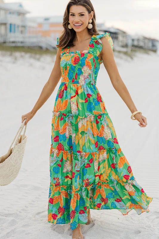 French Style Fearless Travels Green Tropical Maxi Dress