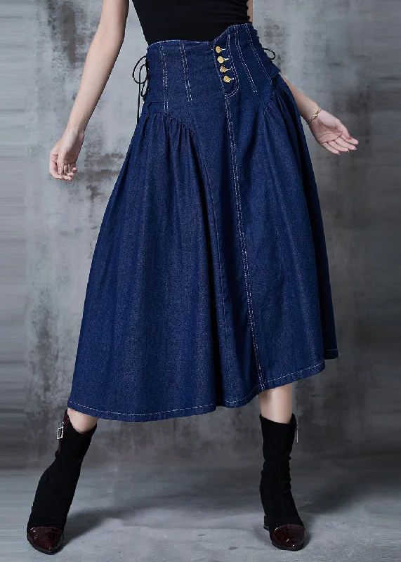 Fresh And Simple French Navy High Waist Wrinkled Denim Skirts Fall