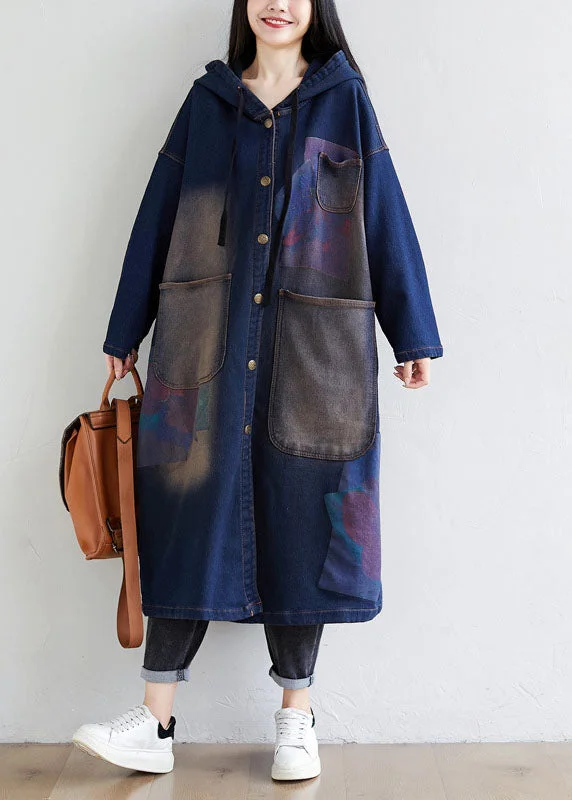 Short Design Simple dark Blue drawstring Hooded Pockets Print denim trench Coats Spring Short Design Simple dark Blue drawstring Hooded Pockets Print denim trench Coats Spring