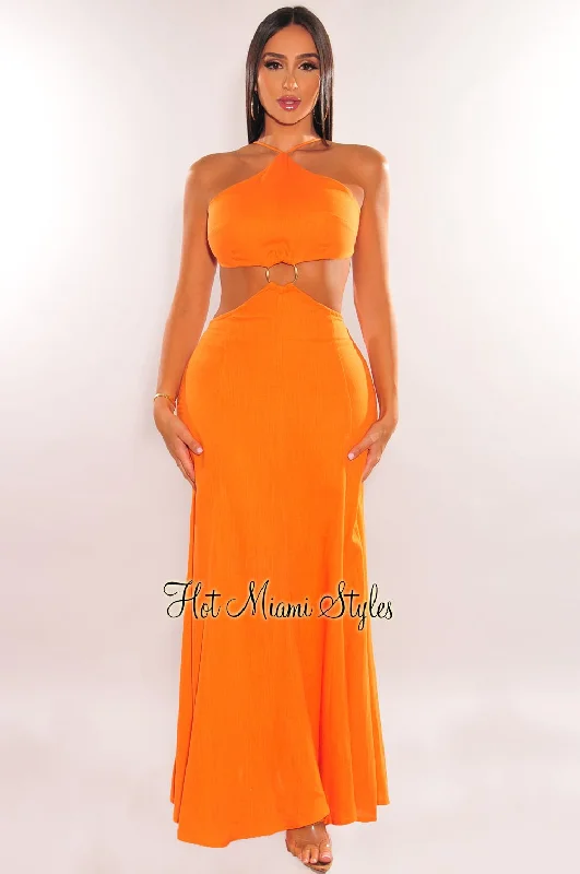 Ethnic Style Orange Linen Halter O-Ring Cut Out Maxi Dress