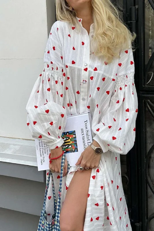 High-end Fabrics Heart Print Puff Sleeve Single-breasted Cotton Dress