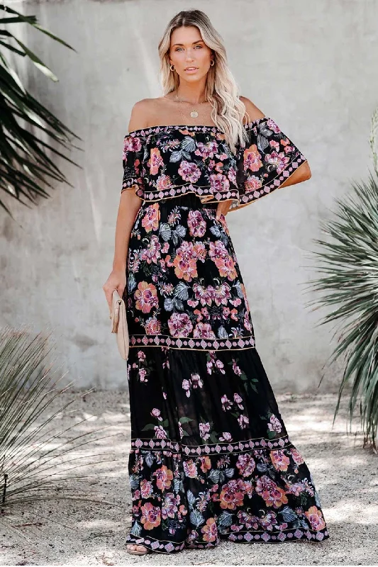 British Fashion Off Shoulder Floral Print Tiered Maxi Dress