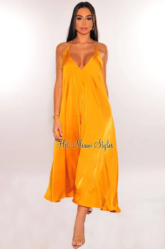 Warm Atmosphere Honey Gold V Cut Spaghetti Straps Maxi Dress