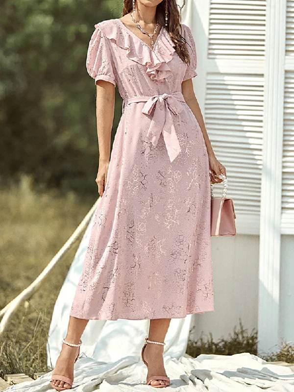 Boutique Recommendation Beverly Casual Pink Ruffle Puff Sleeve Midi Dress
