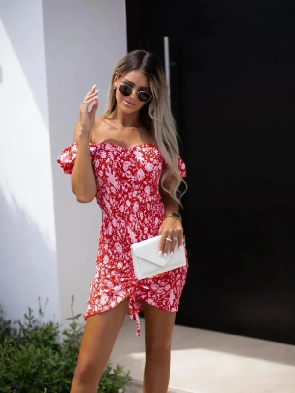 French Style Kali Floral Smocked Off The Shoulder Dress - Ivory Multi