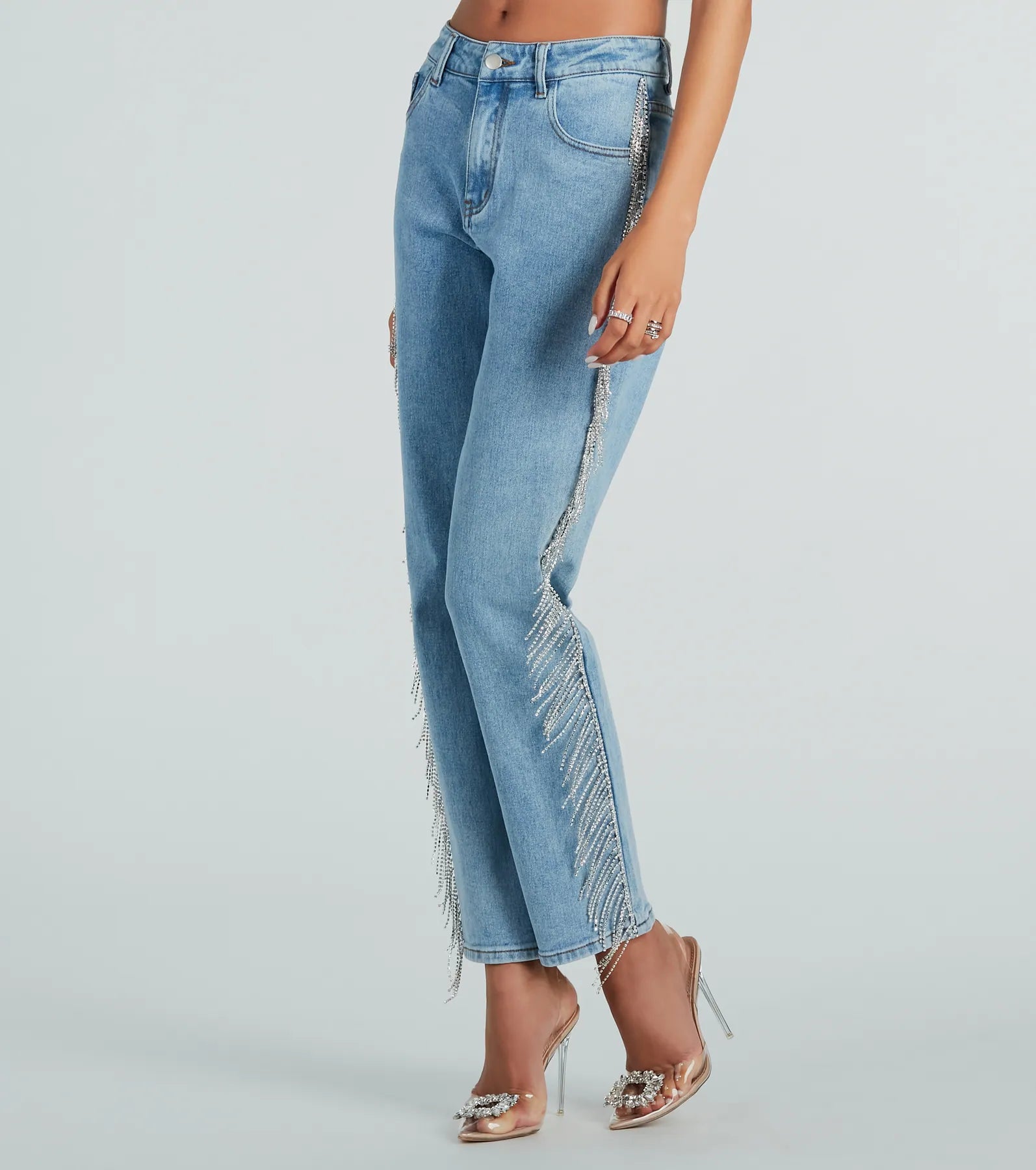 Celebrity Style She Glistens High-Rise Rhinestone Denim Jeans