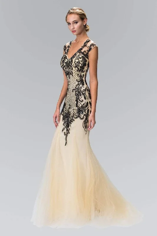 High-end Fabrics Elizabeth K - GL2169 V-neckline with Open Back Beaded Gown