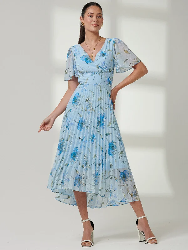 Outdoor Trend Pleated Dip Hem Chiffon Maxi Dress, Blue Floral