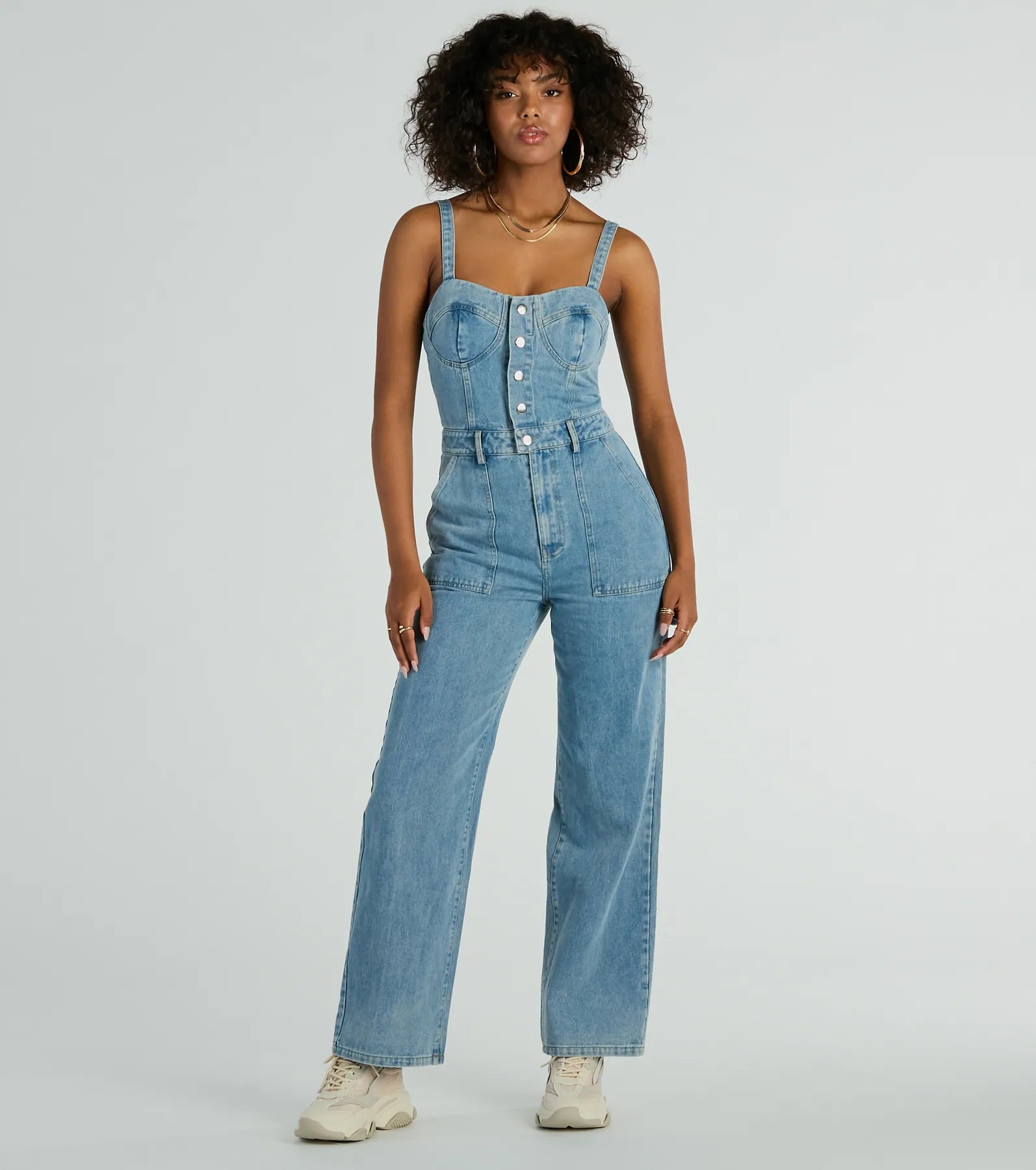 Minimalism Trendy Perfection Button Up Wide Leg Denim Jumpsuit