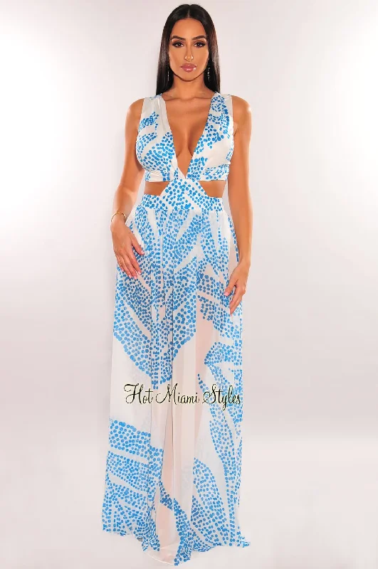 Simple And Comfortable White Teal Palm V Neck Cut Out Maxi Dress