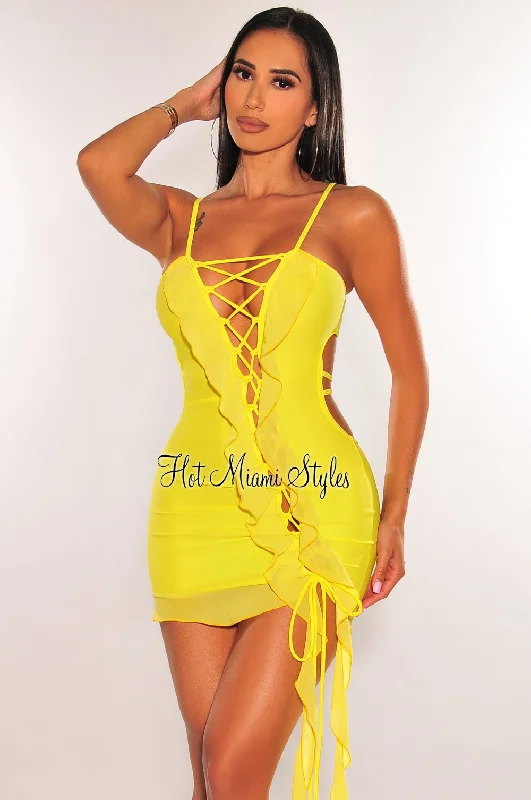 Short Design Yellow Spaghetti Straps Lace Up Ruffle Strappy Back Mini Dress