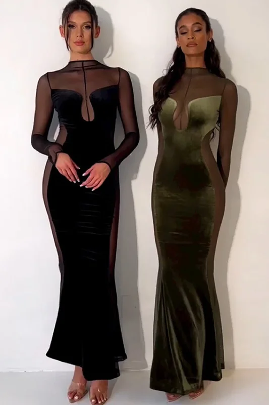 College Style Velvet Mesh Patchwork Fishtail Maxi Dress