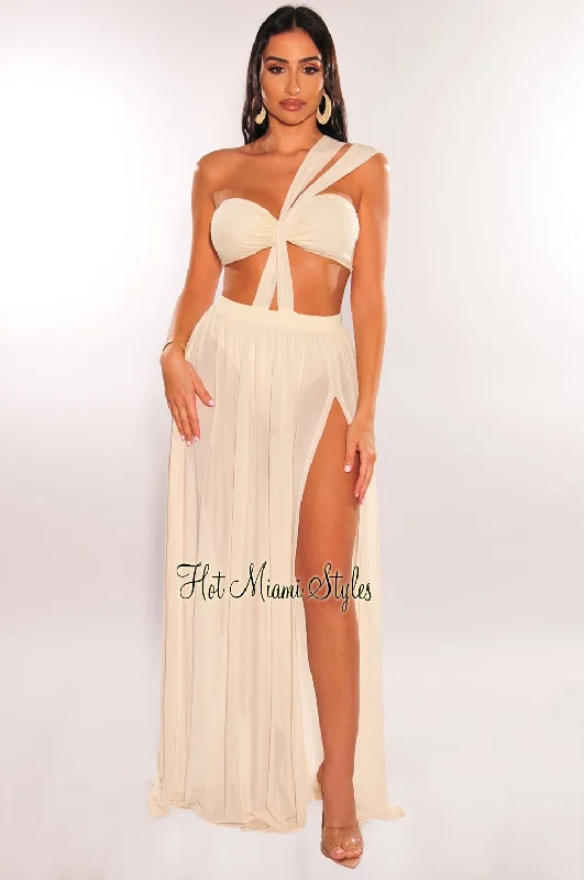 Urban Style Cream One Shoulder Cut Out Strappy Slit Maxi Dress
