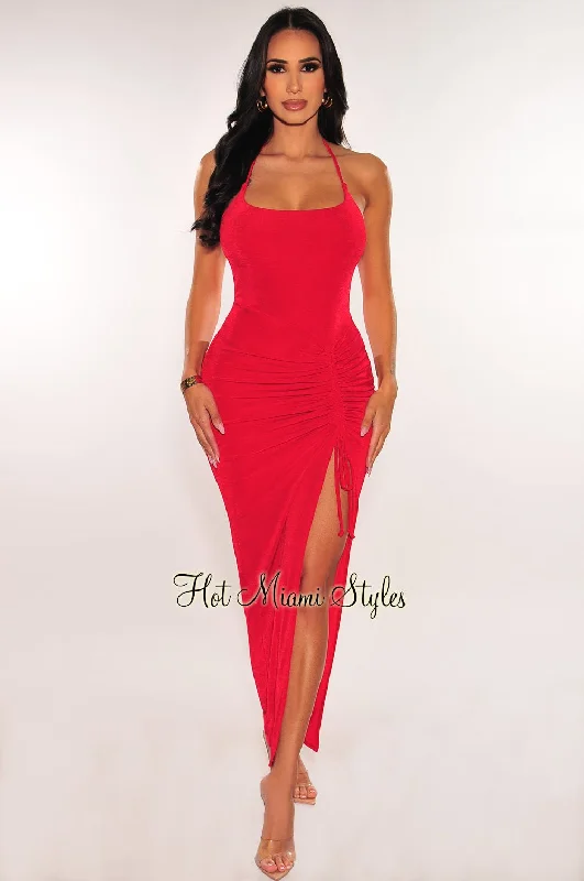 Cute Style Red Ribbed Shimmery Halter Drawstring Slit Maxi Dress