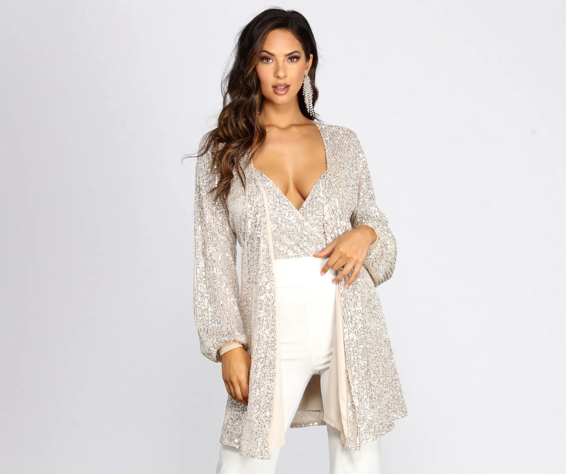 Fresh And Simple Stunner In Sequins Long Sleeve Trench