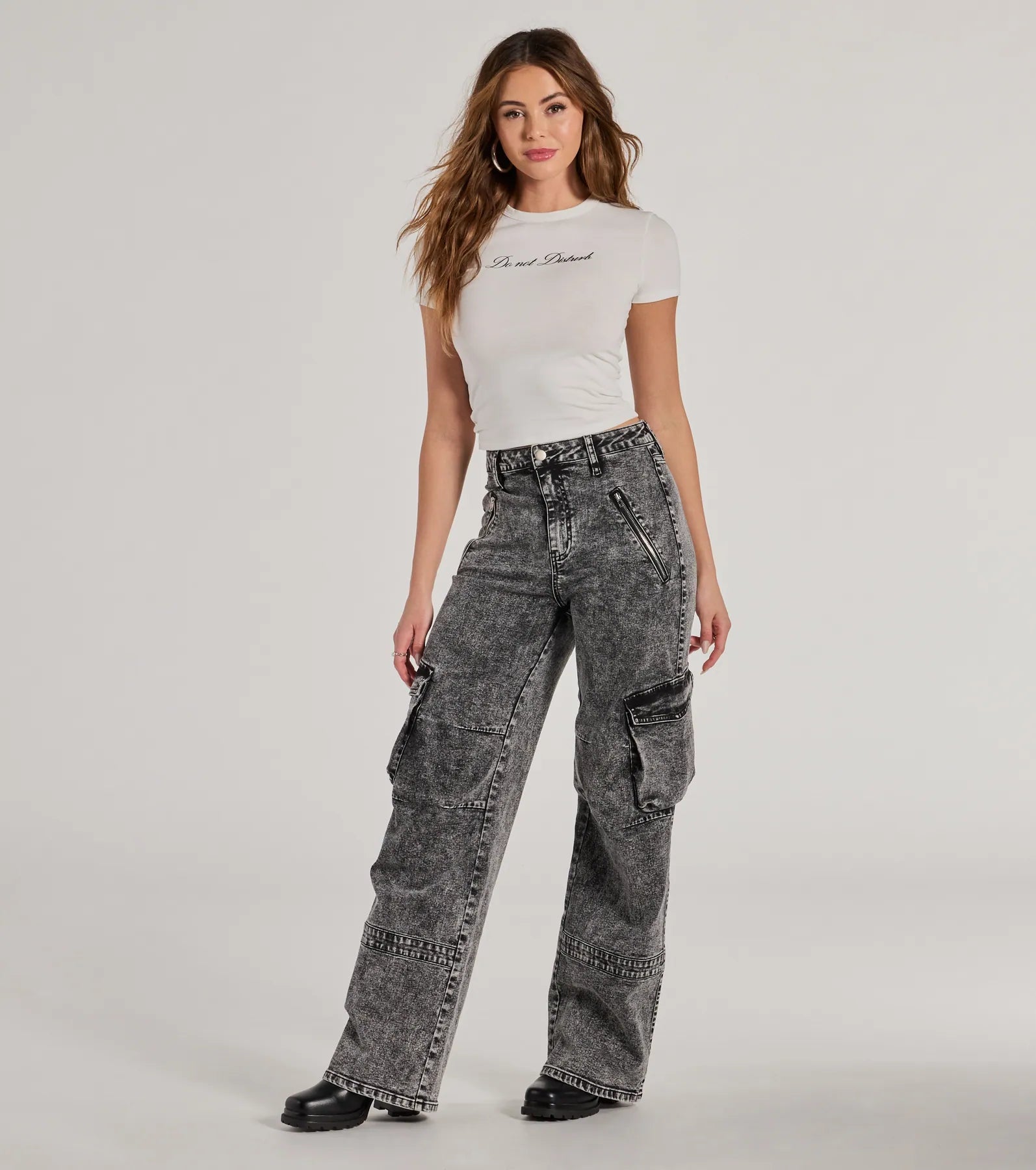 Cute Style On-Trend High-Rise Cargo Acid Wash Jeans
