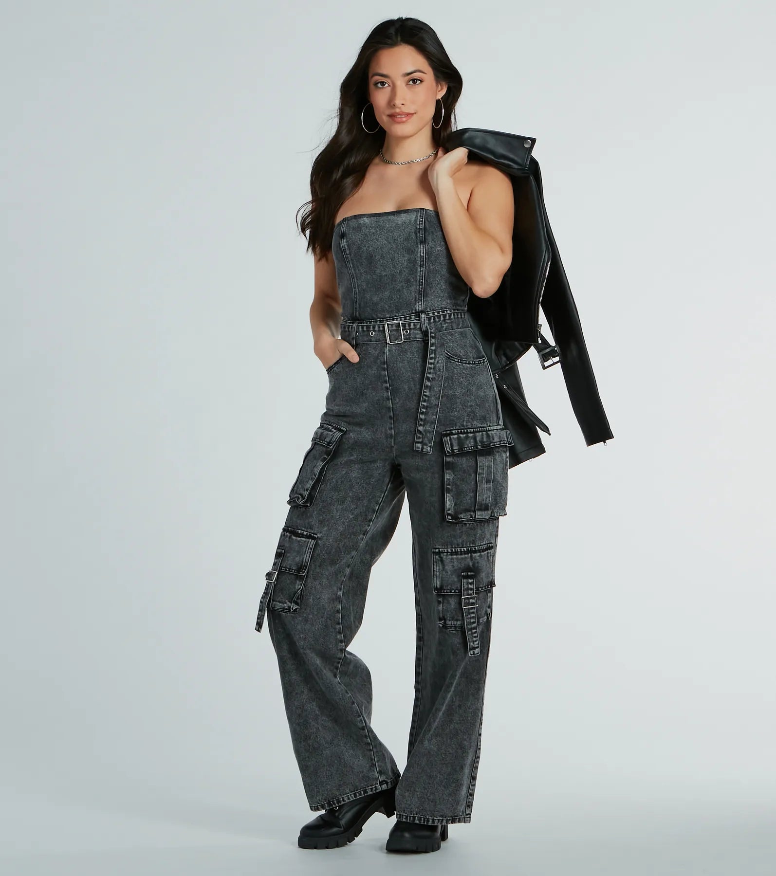 Slightly Flared Design Pit Stop Strapless Cargo Acid Wide-Leg Denim Jumpsuit