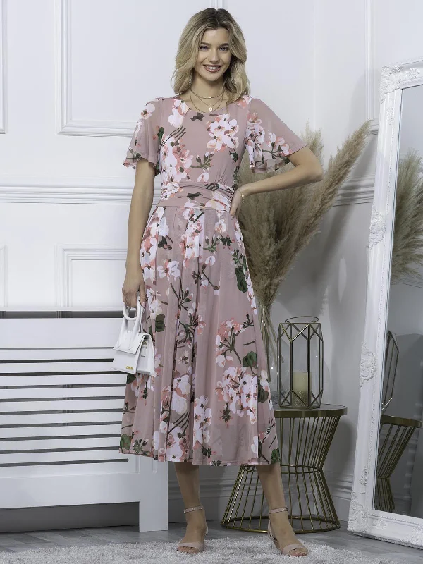 Trendy And Casual Julita Floral Mesh Midi Dress, Pink Floral
