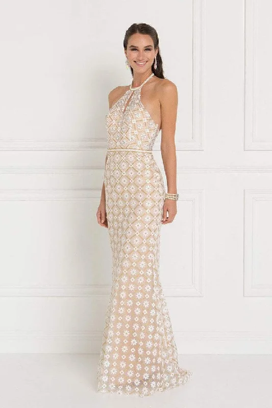 Slim Fit Elizabeth K - GL1548 Beaded Halter Tulle Sheath Dress