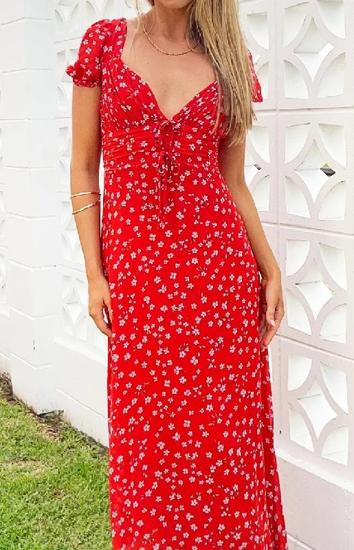 Warm Atmosphere Ayla Red Floral Short Sleeve Maxi Dress
