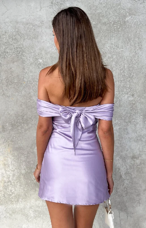 Relaxed And Casual Primrose Purple Satin Off the Shoulder Mini Dress